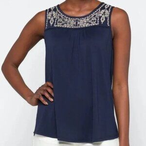2/$30 NWT Skies are Blue Traleven Embroidered Yoke Knit Top Navy Small #A1635